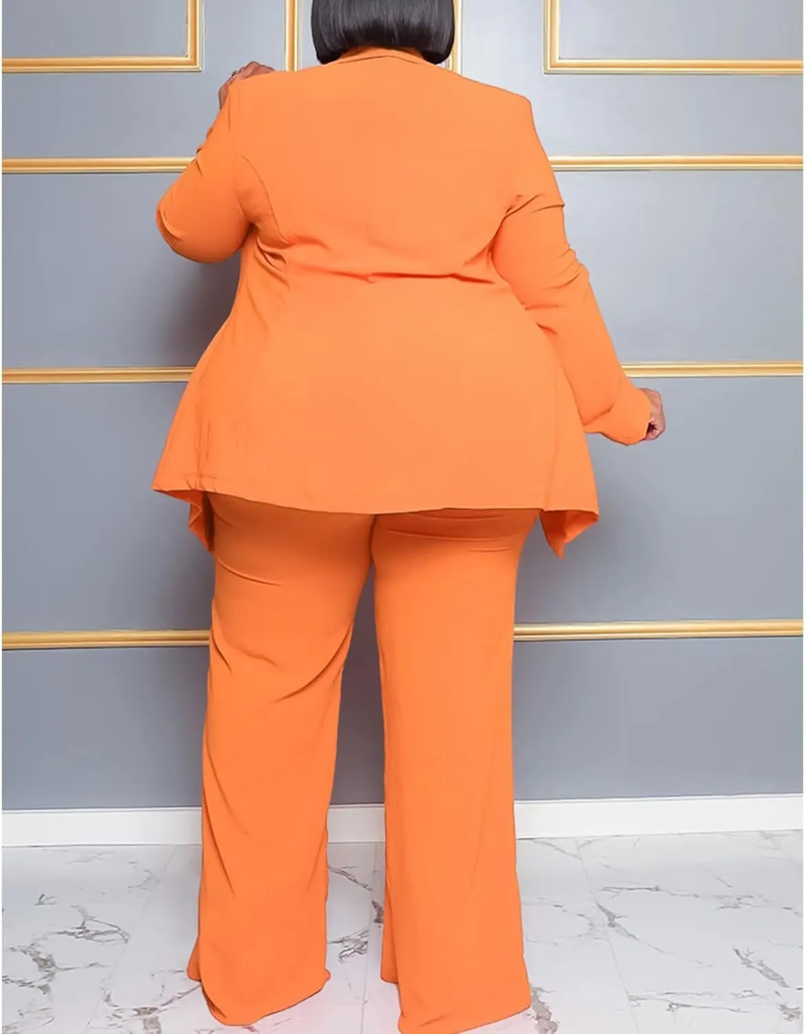 IyMoo Plus Size Suits for Women Business Open Front Long Sleeve Blazer Elastic Waist Solid Straight Leg Pant Set Suits