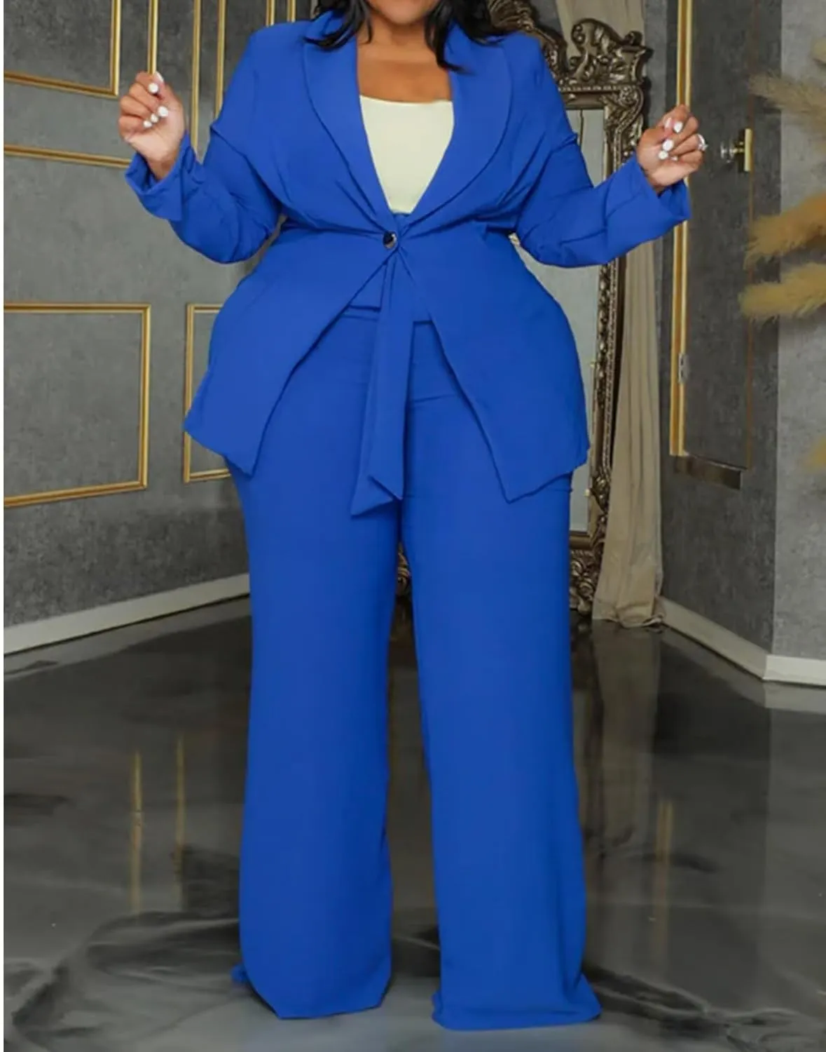 IyMoo Plus Size Suits for Women Business Open Front Long Sleeve Blazer Elastic Waist Solid Straight Leg Pant Set Suits