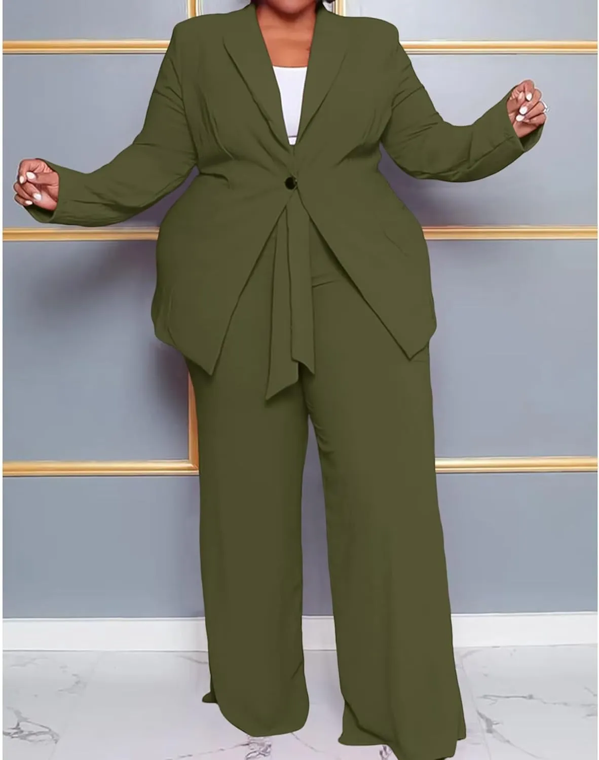 IyMoo Plus Size Suits for Women Business Open Front Long Sleeve Blazer Elastic Waist Solid Straight Leg Pant Set Suits