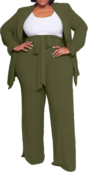 IyMoo Plus Size Suits for Women Business Open Front Long Sleeve Blazer Elastic Waist Solid Straight Leg Pant Set Suits