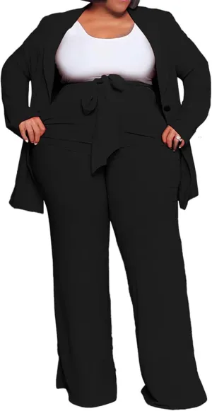 IyMoo Plus Size Suits for Women Business Open Front Long Sleeve Blazer Elastic Waist Solid Straight Leg Pant Set Suits
