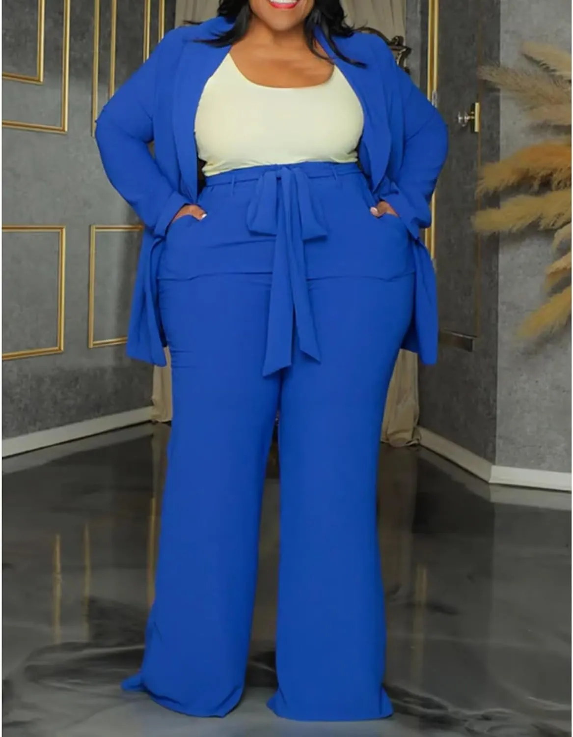 IyMoo Plus Size Suits for Women Business Open Front Long Sleeve Blazer Elastic Waist Solid Straight Leg Pant Set Suits