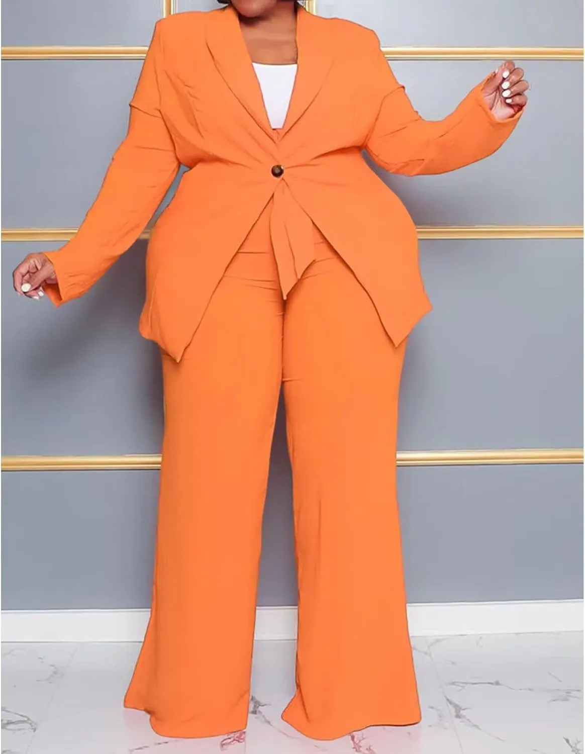 IyMoo Plus Size Suits for Women Business Open Front Long Sleeve Blazer Elastic Waist Solid Straight Leg Pant Set Suits