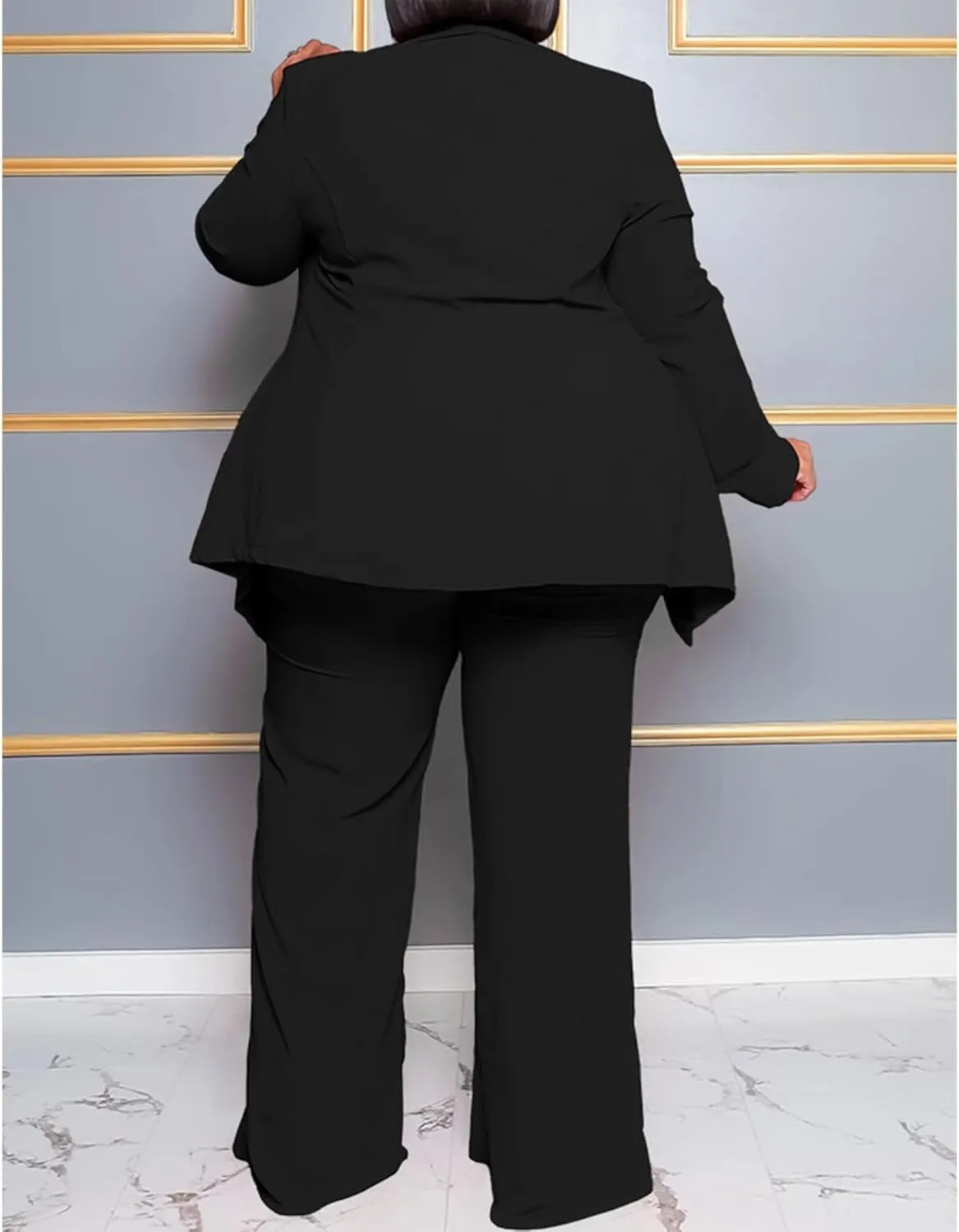 IyMoo Plus Size Suits for Women Business Open Front Long Sleeve Blazer Elastic Waist Solid Straight Leg Pant Set Suits