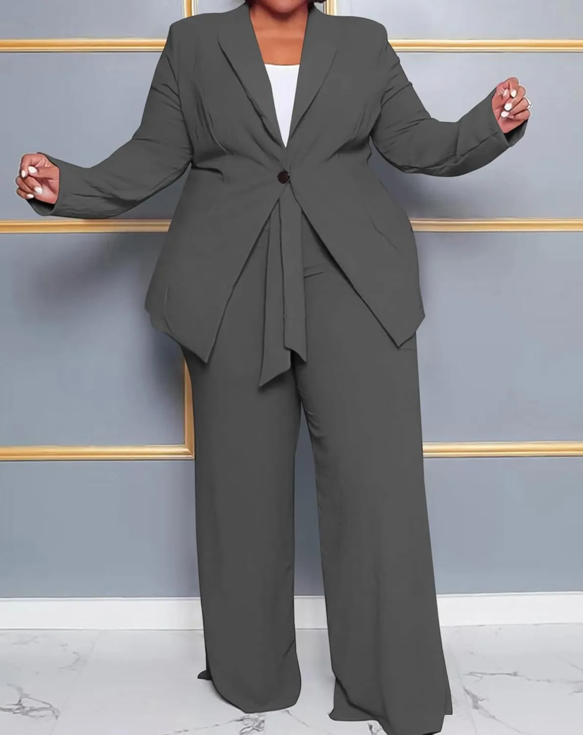 IyMoo Plus Size Suits for Women Business Open Front Long Sleeve Blazer Elastic Waist Solid Straight Leg Pant Set Suits