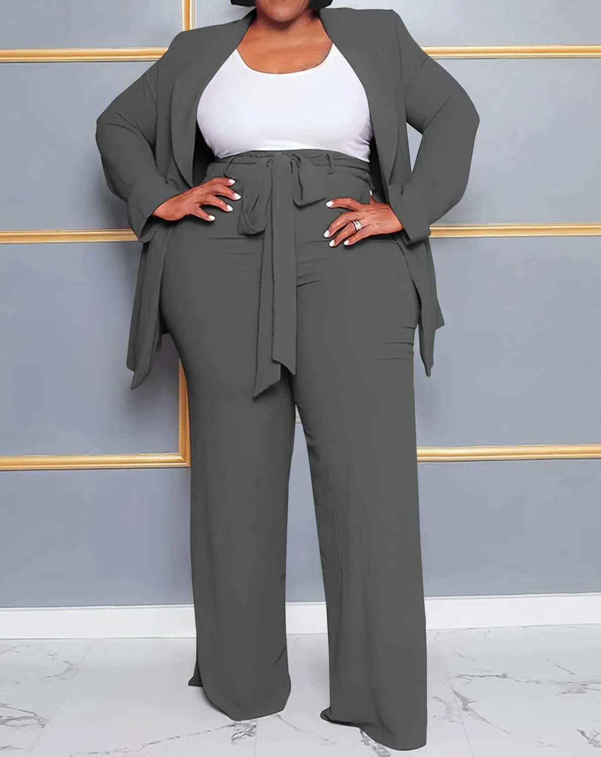 IyMoo Plus Size Suits for Women Business Open Front Long Sleeve Blazer Elastic Waist Solid Straight Leg Pant Set Suits