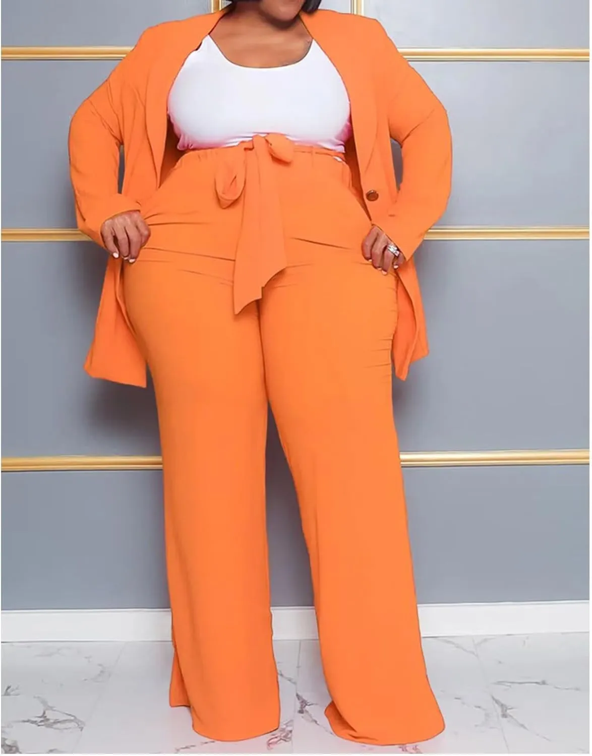 IyMoo Plus Size Suits for Women Business Open Front Long Sleeve Blazer Elastic Waist Solid Straight Leg Pant Set Suits