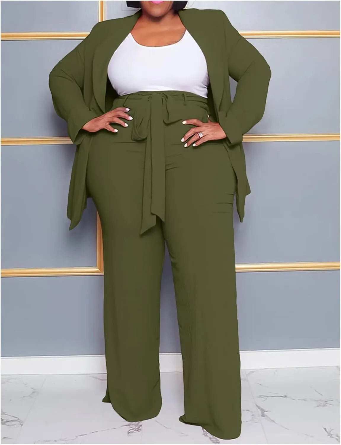 IyMoo Plus Size Suits for Women Business Open Front Long Sleeve Blazer Elastic Waist Solid Straight Leg Pant Set Suits