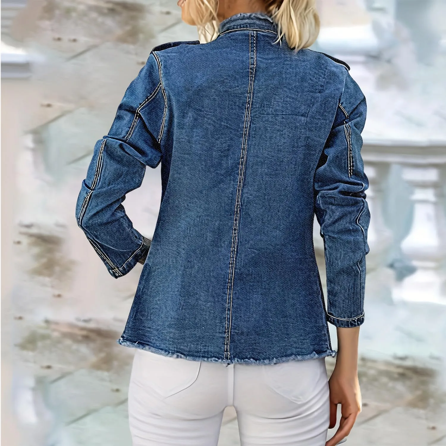 Jean Jackets for Women Trendy Stretch Denim Jacket Button Up Vintage Frayed Hem Denim Shacket Long Sleeve