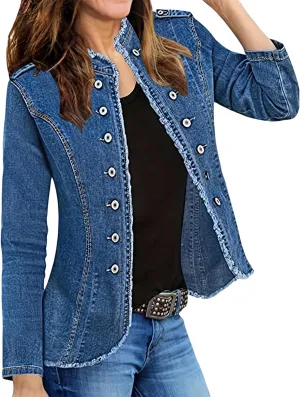 Jean Jackets for Women Trendy Stretch Denim Jacket Button Up Vintage Frayed Hem Denim Shacket Long Sleeve