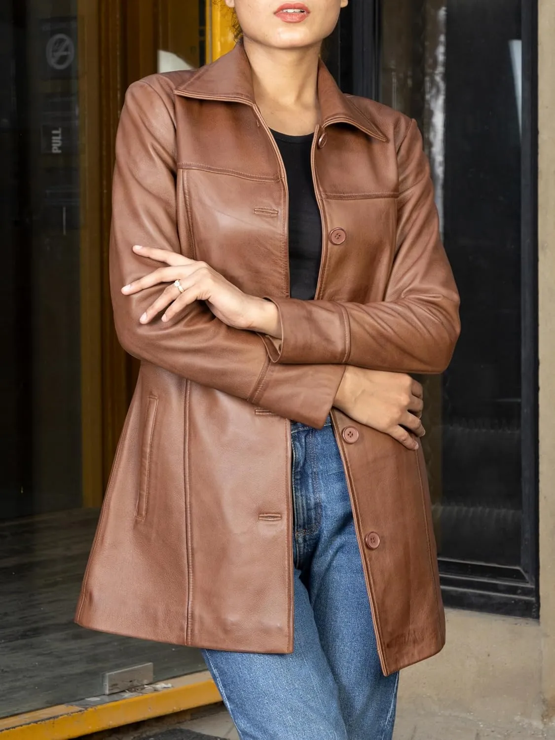 Jild Casual Car Coat Lambskin Leather Jacket Women   Length Blazer Overcoat Style Leather Long Coat Women