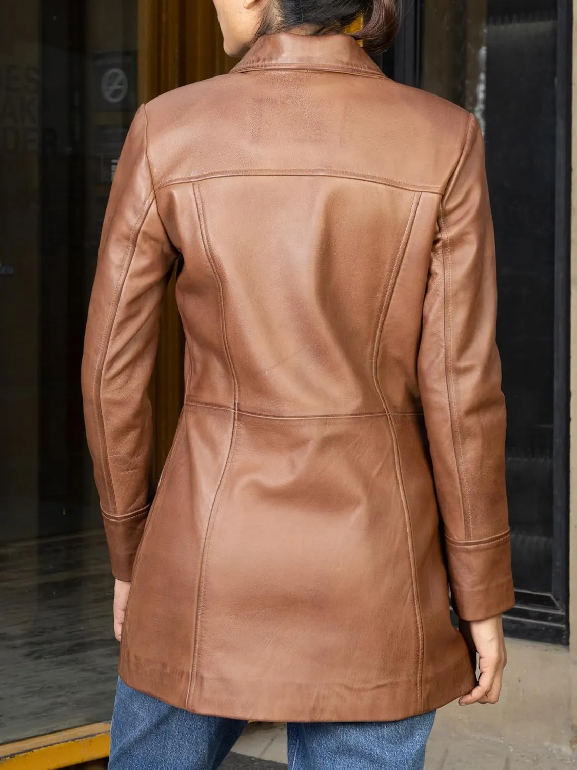 Jild Casual Car Coat Lambskin Leather Jacket Women   Length Blazer Overcoat Style Leather Long Coat Women