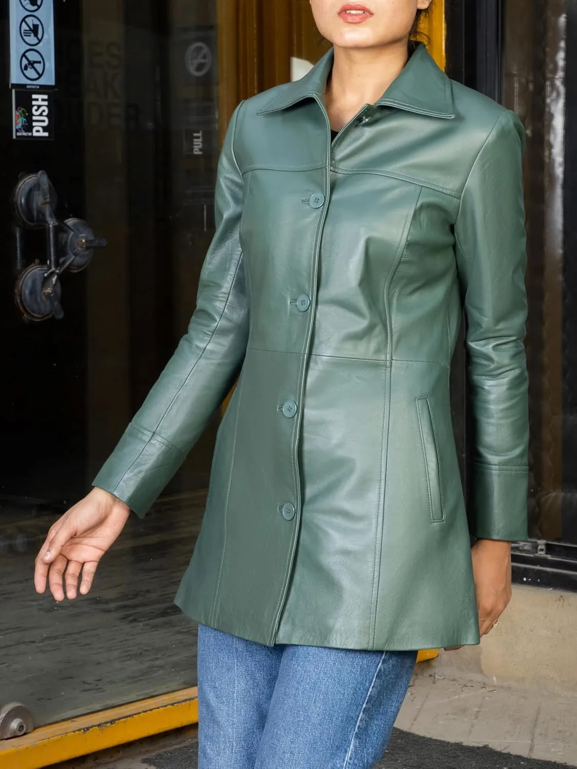 Jild Casual Car Coat Lambskin Leather Jacket Women   Length Blazer Overcoat Style Leather Long Coat Women