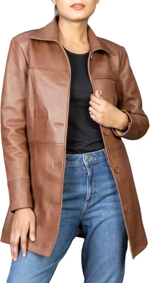Jild Casual Car Coat Lambskin Leather Jacket Women   Length Blazer Overcoat Style Leather Long Coat Women