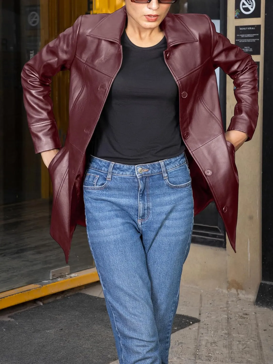 Jild Casual Car Coat Lambskin Leather Jacket Women   Length Blazer Overcoat Style Leather Long Coat Women