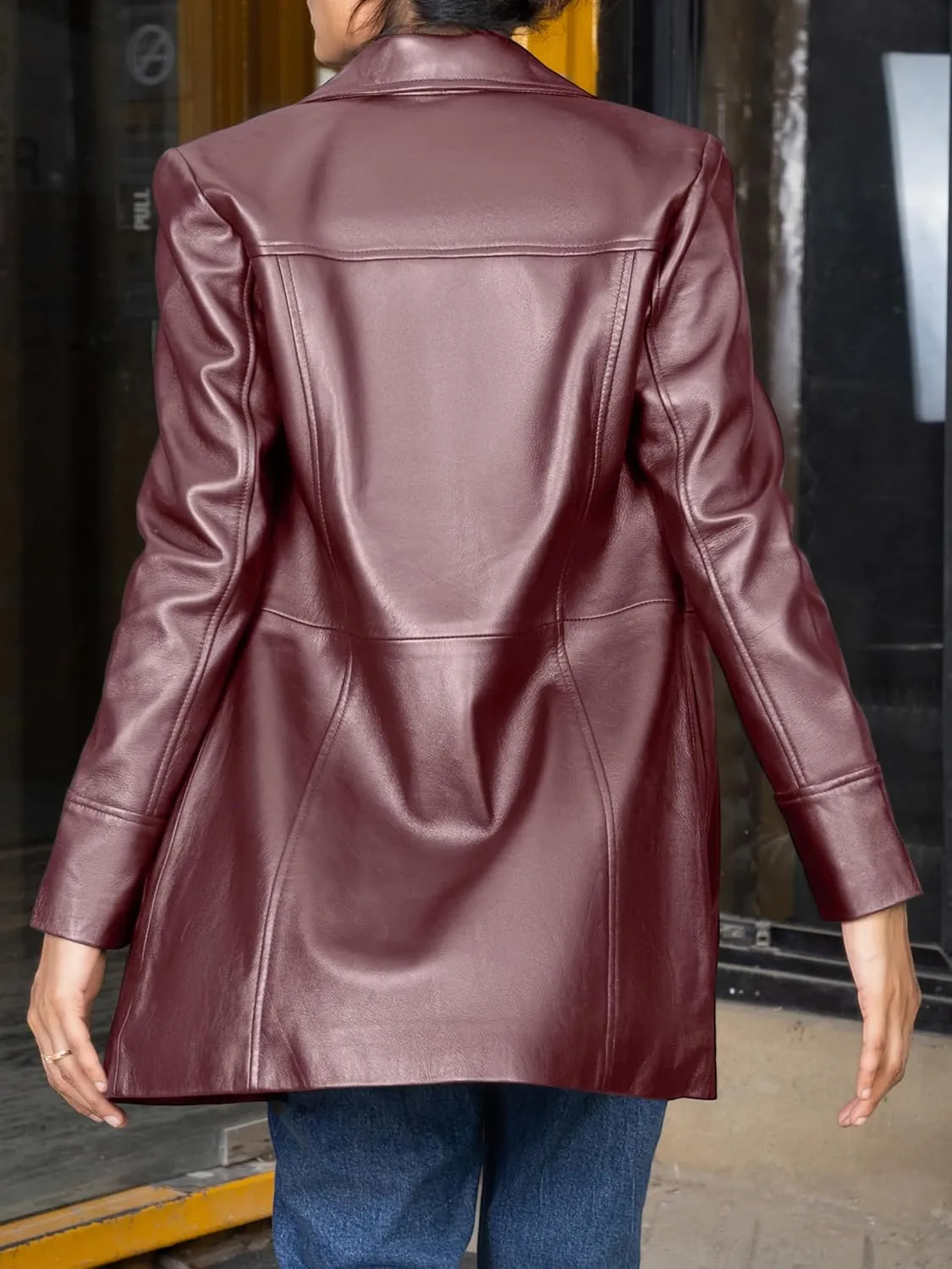 Jild Casual Car Coat Lambskin Leather Jacket Women   Length Blazer Overcoat Style Leather Long Coat Women