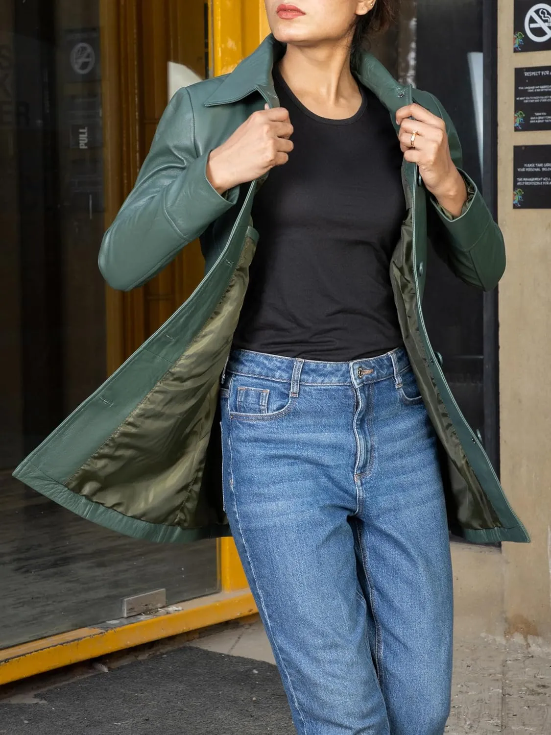 Jild Casual Car Coat Lambskin Leather Jacket Women   Length Blazer Overcoat Style Leather Long Coat Women