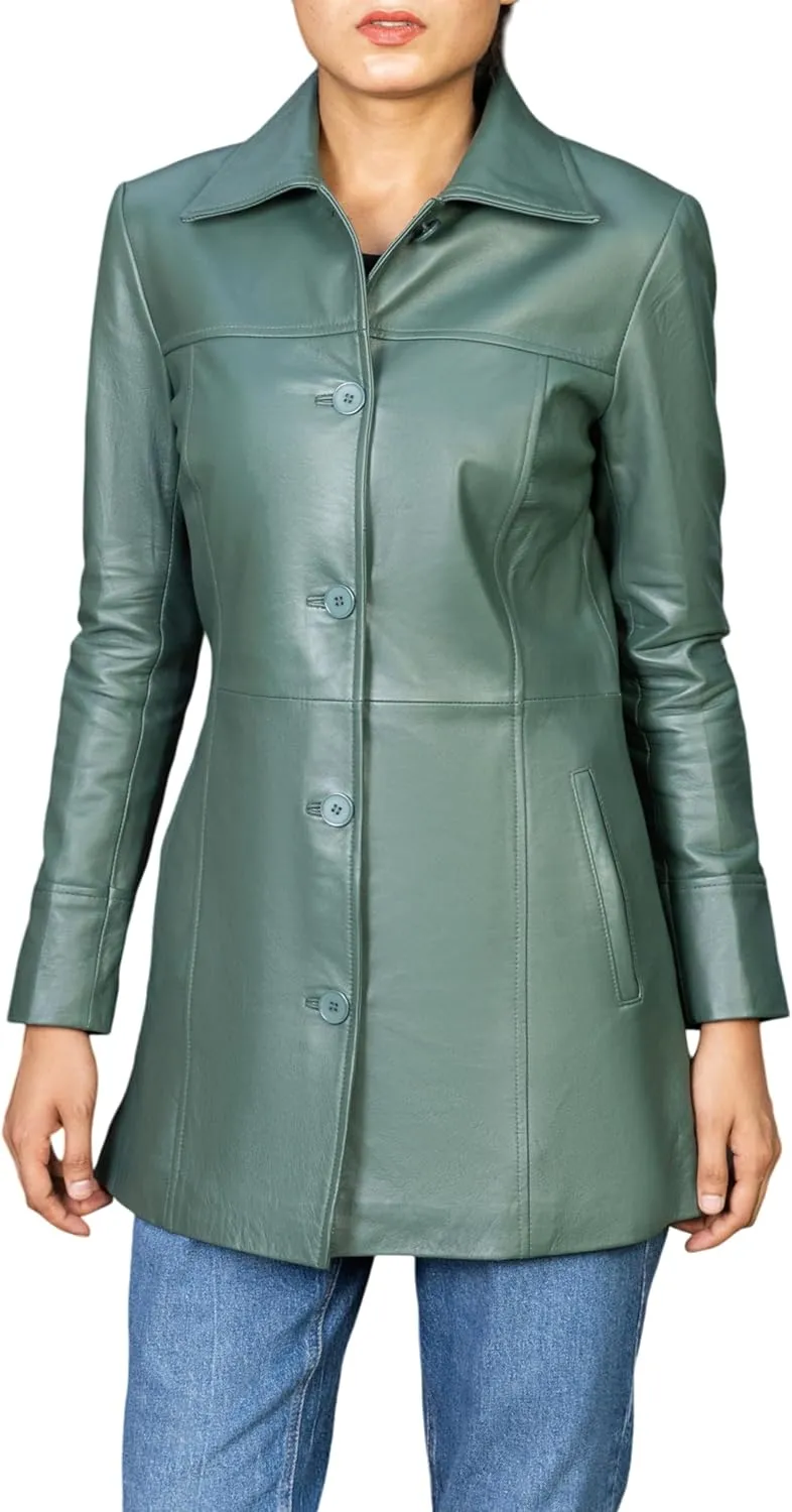 Jild Casual Car Coat Lambskin Leather Jacket Women   Length Blazer Overcoat Style Leather Long Coat Women