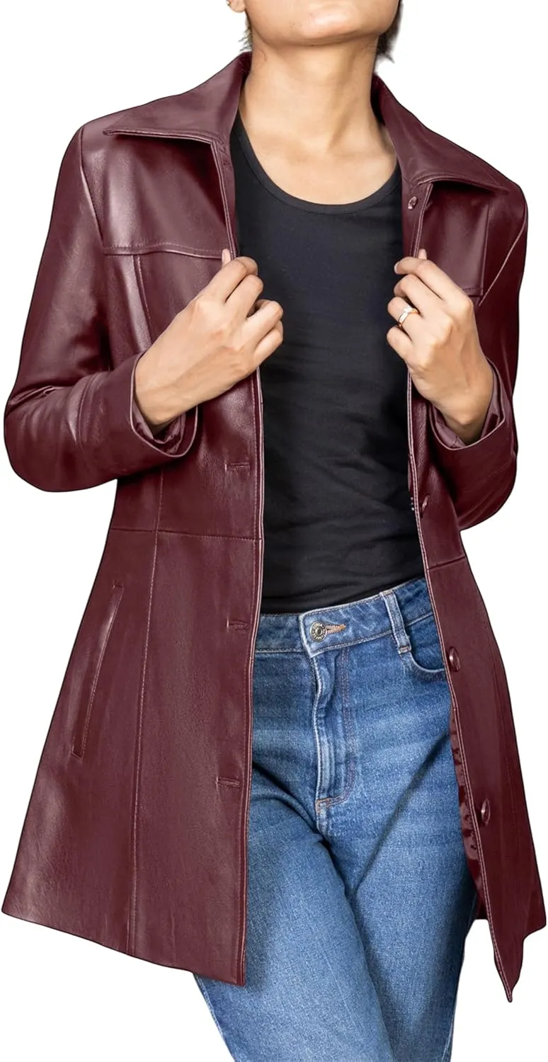 Jild Casual Car Coat Lambskin Leather Jacket Women   Length Blazer Overcoat Style Leather Long Coat Women