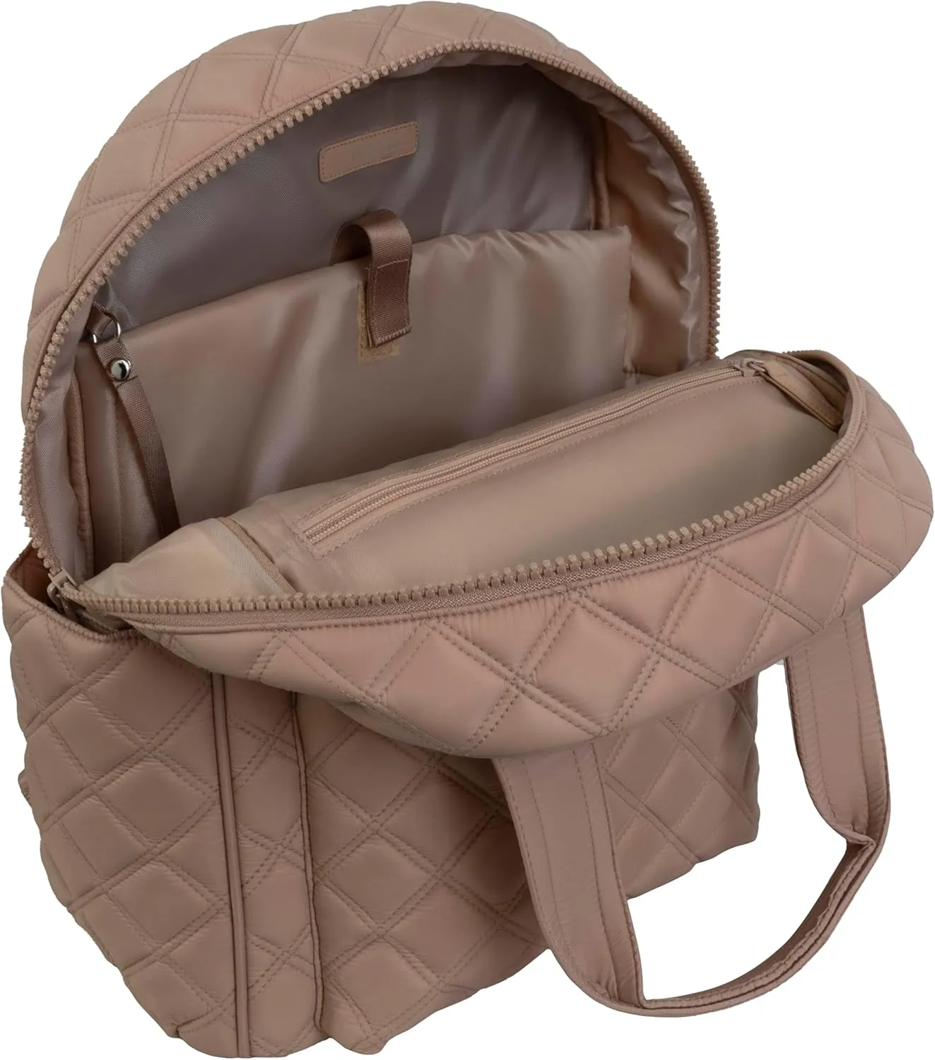 Joan & David 18 Inch Diamond Quilted Nylon Backpack with Padded Laptop Sleeve and Side Slip Pockets (Tan)