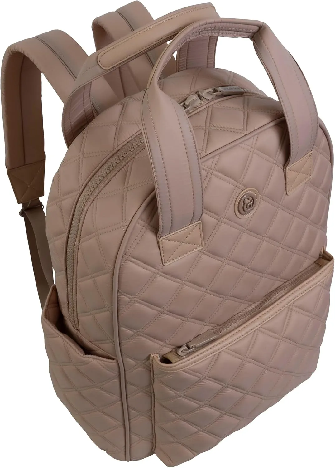Joan & David 18 Inch Diamond Quilted Nylon Backpack with Padded Laptop Sleeve and Side Slip Pockets (Tan)