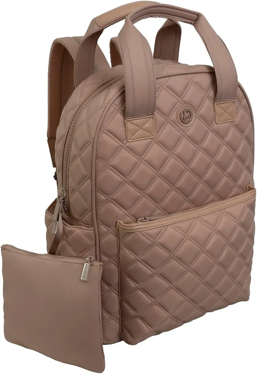 Joan & David 18 Inch Diamond Quilted Nylon Backpack with Padded Laptop Sleeve and Side Slip Pockets (Tan)