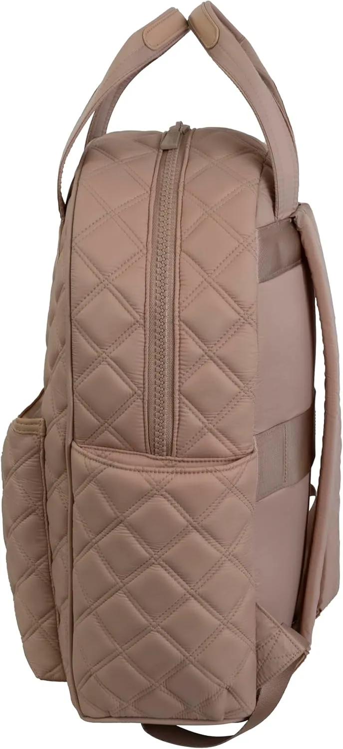 Joan & David 18 Inch Diamond Quilted Nylon Backpack with Padded Laptop Sleeve and Side Slip Pockets (Tan)