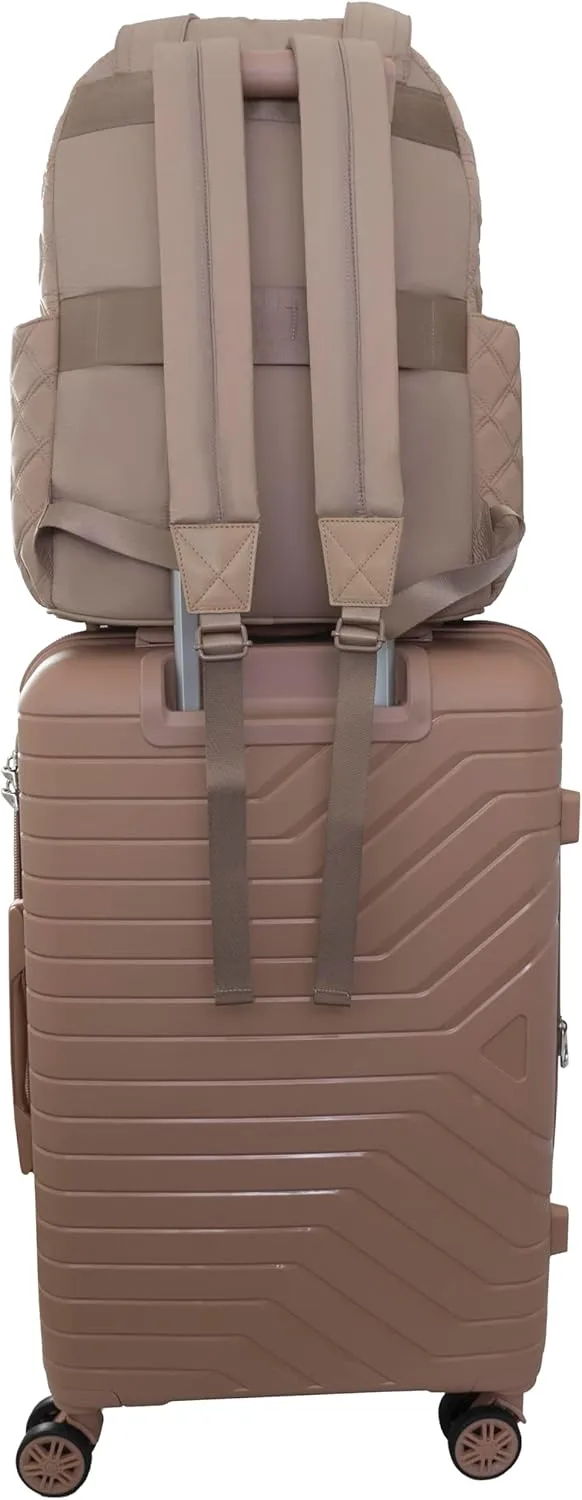 Joan & David 18 Inch Diamond Quilted Nylon Backpack with Padded Laptop Sleeve and Side Slip Pockets (Tan)