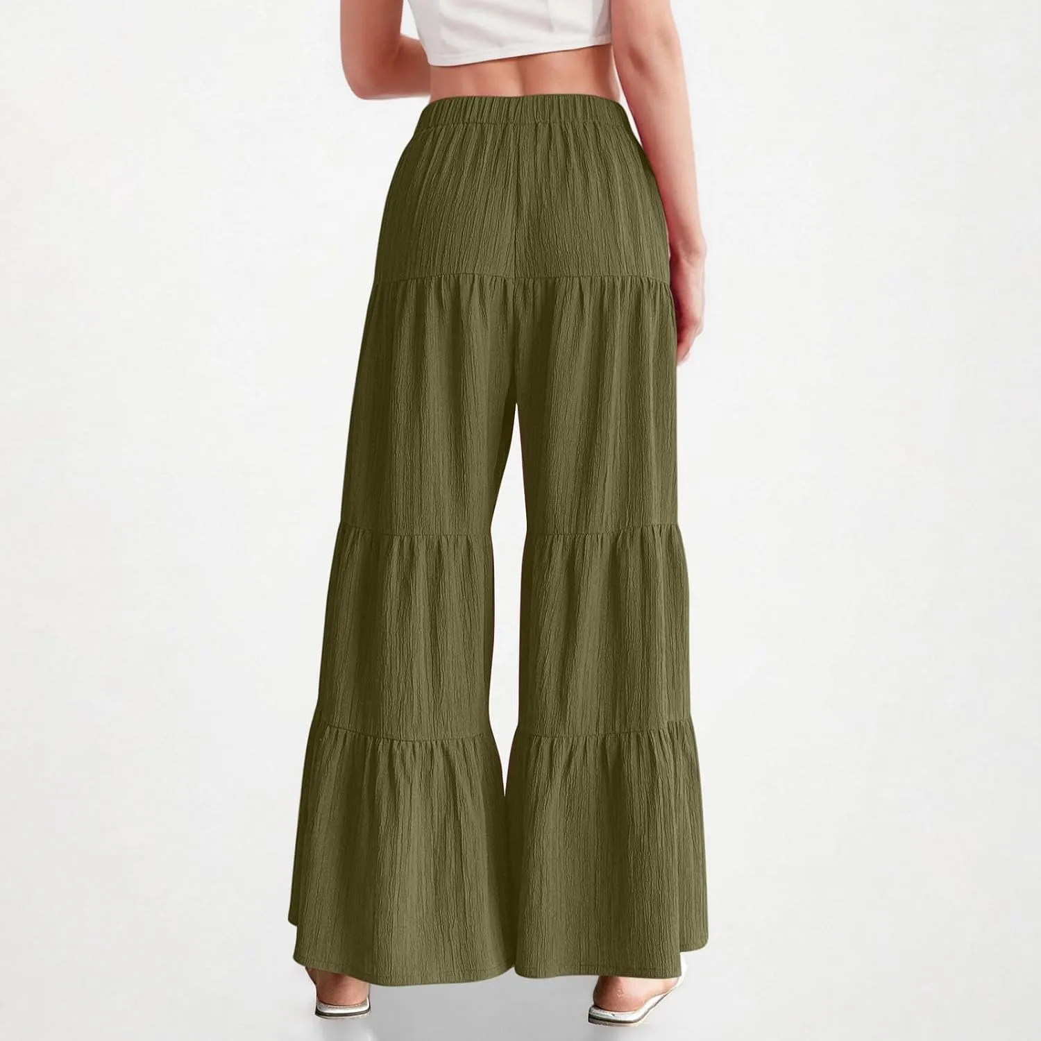 JOAU Women's Flowy Boho Elastic High Waist Ruffle Hem Wide Leg Beach Loose Palazzo Pants Summer Baggy Tiered Flared Trousers