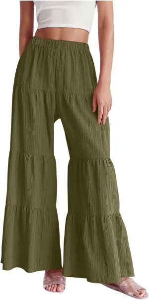 JOAU Women's Flowy Boho Elastic High Waist Ruffle Hem Wide Leg Beach Loose Palazzo Pants Summer Baggy Tiered Flared Trousers