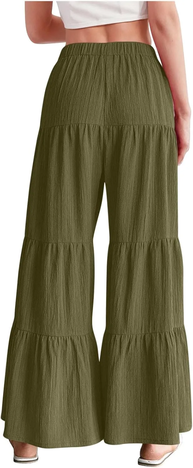 JOAU Women's Flowy Boho Elastic High Waist Ruffle Hem Wide Leg Beach Loose Palazzo Pants Summer Baggy Tiered Flared Trousers