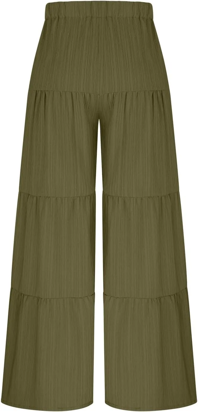 JOAU Women's Flowy Boho Elastic High Waist Ruffle Hem Wide Leg Beach Loose Palazzo Pants Summer Baggy Tiered Flared Trousers