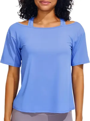 JOYSPELS Ice Silk Women's Short Sleeve Workout Shirts Quick Dry Cold Shoulder Loose Fit Athletic Running Tee Tops