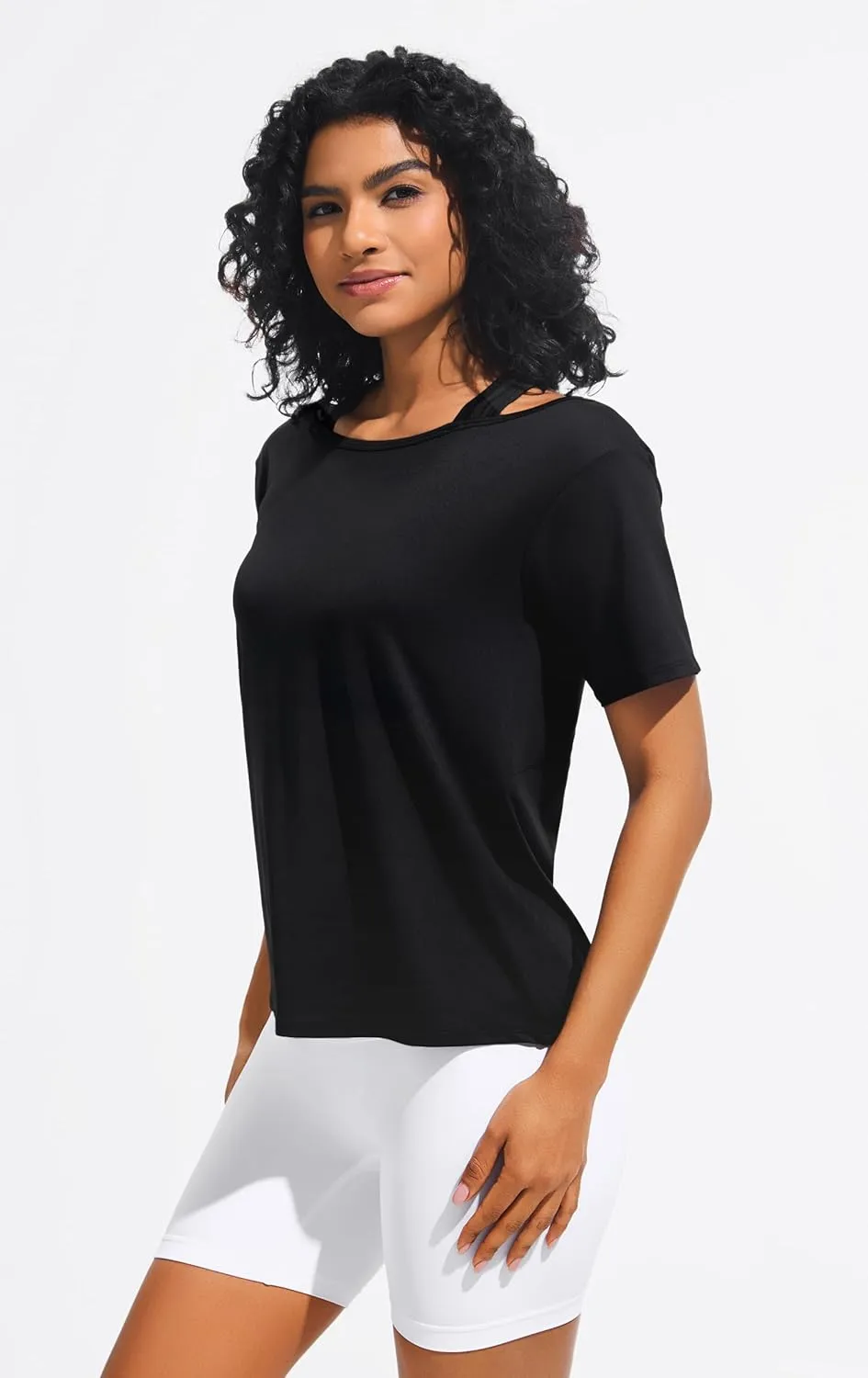 JOYSPELS Ice Silk Women's Short Sleeve Workout Shirts Quick Dry Cold Shoulder Loose Fit Athletic Running Tee Tops