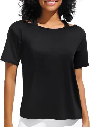 JOYSPELS Ice Silk Women's Short Sleeve Workout Shirts Quick Dry Cold Shoulder Loose Fit Athletic Running Tee Tops