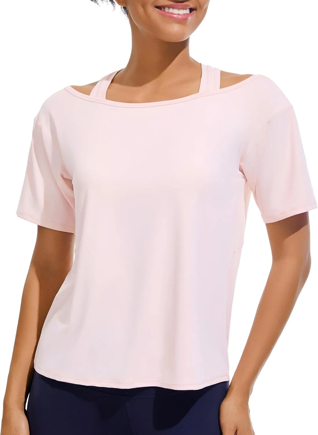 JOYSPELS Ice Silk Women's Short Sleeve Workout Shirts Quick Dry Cold Shoulder Loose Fit Athletic Running Tee Tops