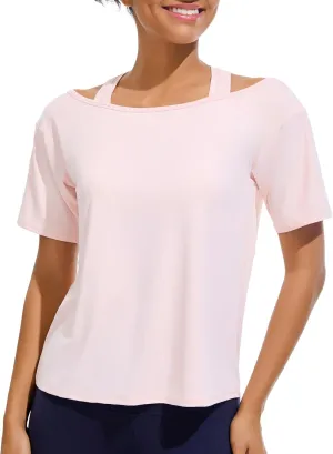 JOYSPELS Ice Silk Women's Short Sleeve Workout Shirts Quick Dry Cold Shoulder Loose Fit Athletic Running Tee Tops