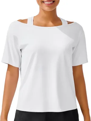JOYSPELS Ice Silk Women's Short Sleeve Workout Shirts Quick Dry Cold Shoulder Loose Fit Athletic Running Tee Tops