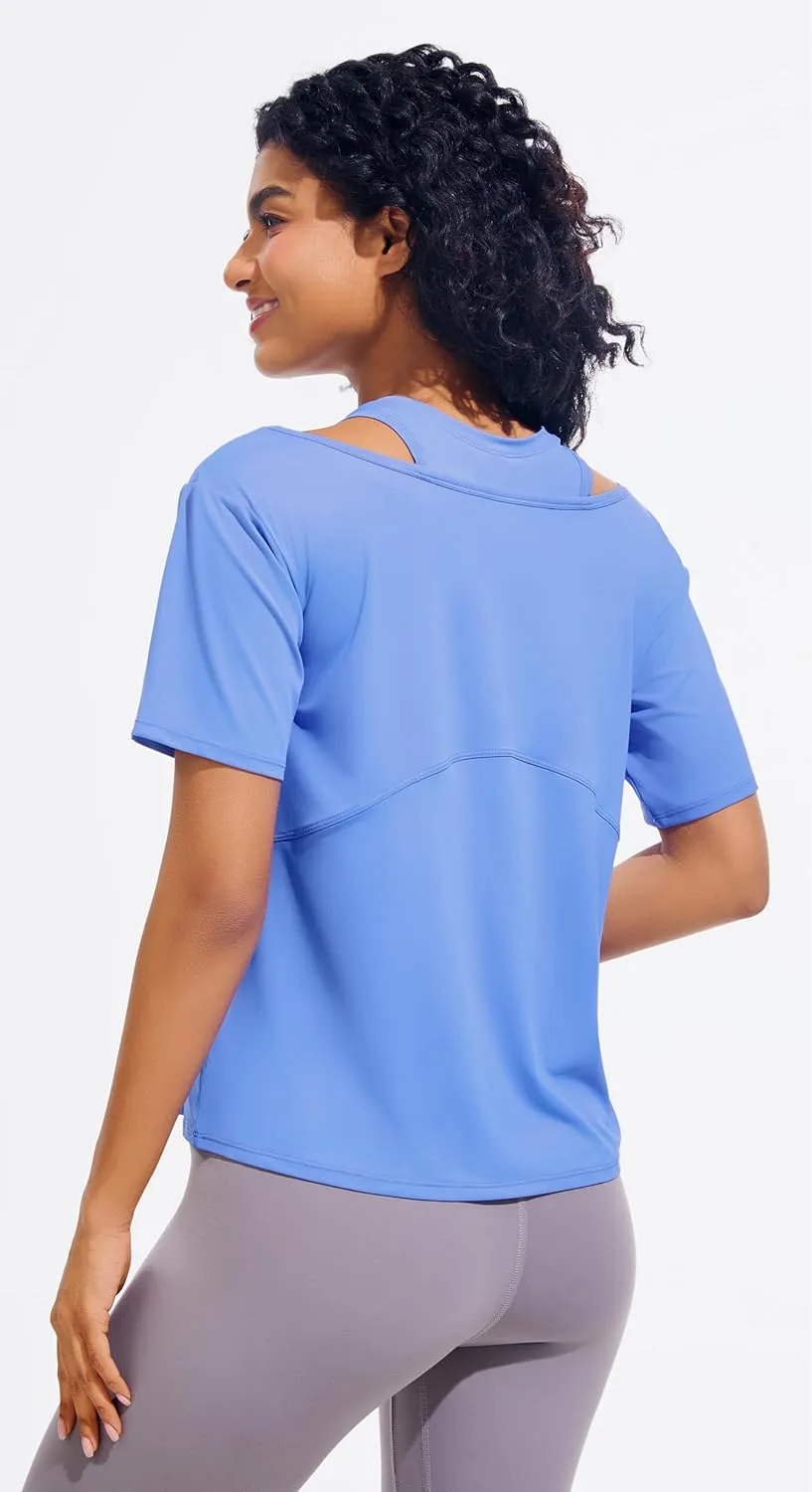 JOYSPELS Ice Silk Women's Short Sleeve Workout Shirts Quick Dry Cold Shoulder Loose Fit Athletic Running Tee Tops
