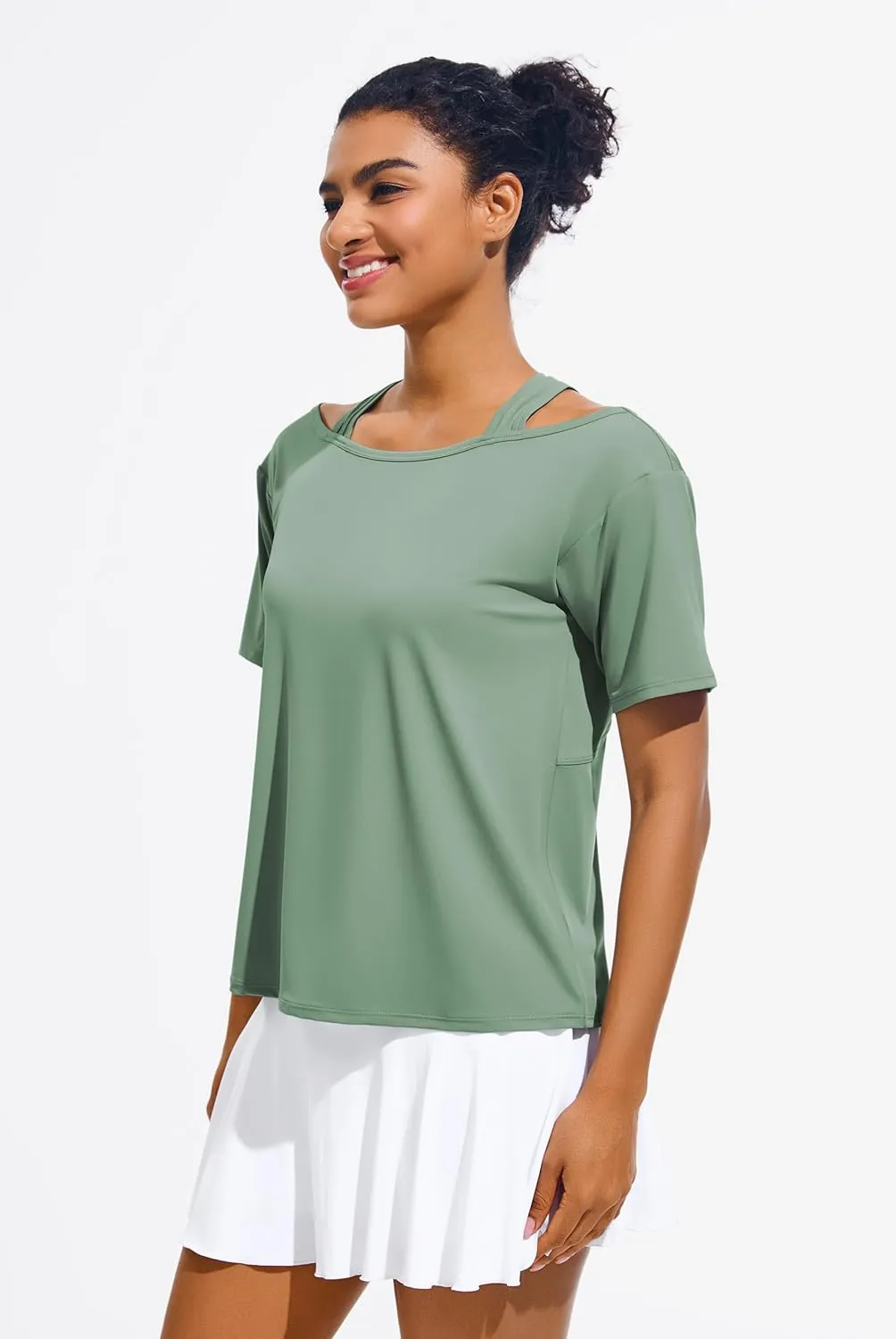 JOYSPELS Ice Silk Women's Short Sleeve Workout Shirts Quick Dry Cold Shoulder Loose Fit Athletic Running Tee Tops