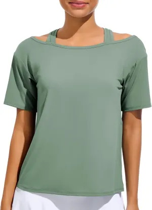 JOYSPELS Ice Silk Women's Short Sleeve Workout Shirts Quick Dry Cold Shoulder Loose Fit Athletic Running Tee Tops