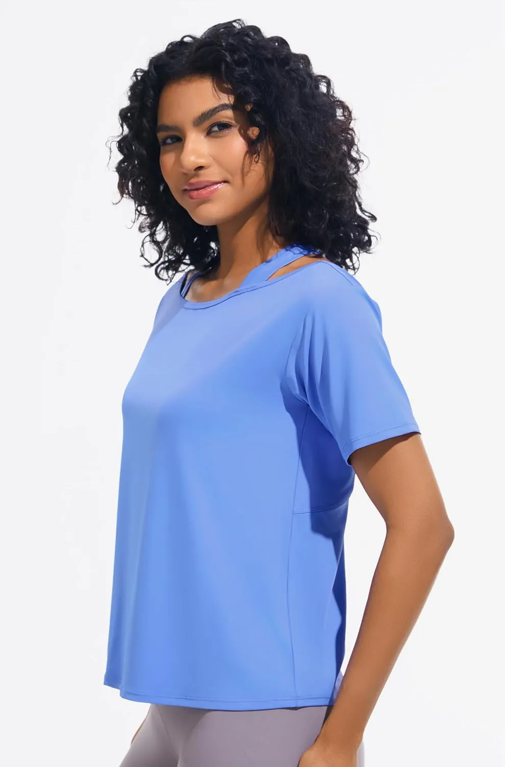 JOYSPELS Ice Silk Women's Short Sleeve Workout Shirts Quick Dry Cold Shoulder Loose Fit Athletic Running Tee Tops