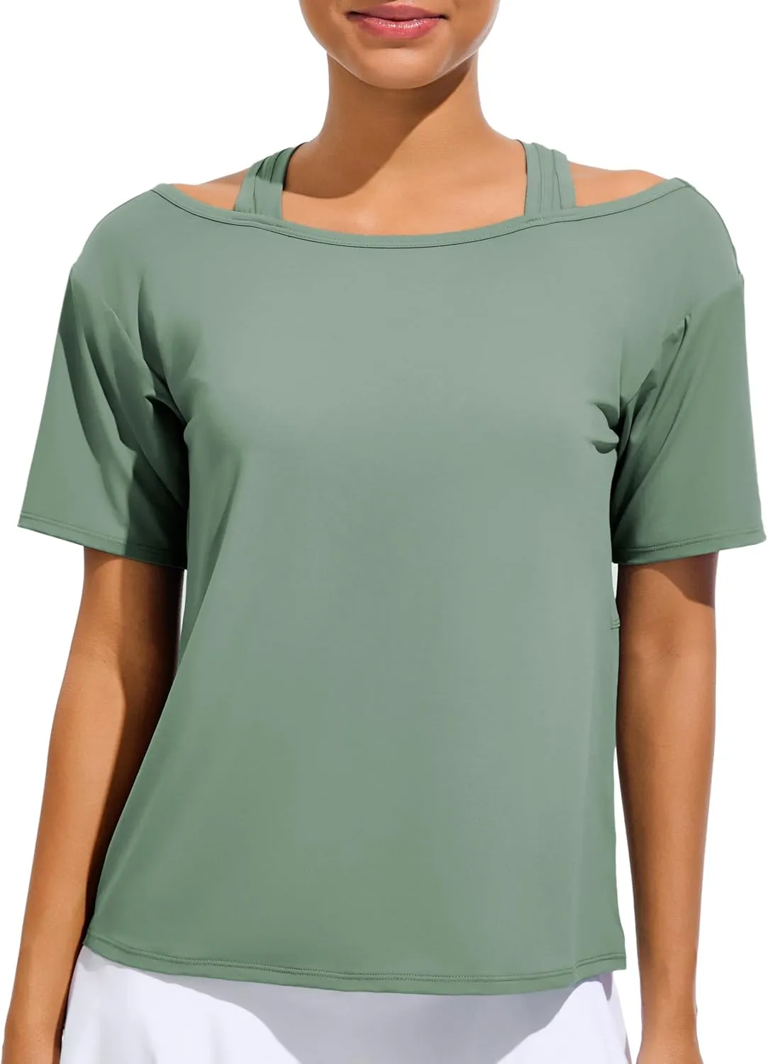 JOYSPELS Ice Silk Women's Short Sleeve Workout Shirts Quick Dry Cold Shoulder Loose Fit Athletic Running Tee Tops