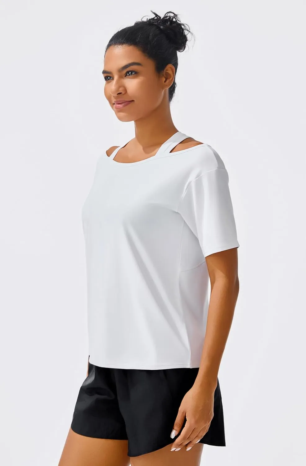 JOYSPELS Ice Silk Women's Short Sleeve Workout Shirts Quick Dry Cold Shoulder Loose Fit Athletic Running Tee Tops