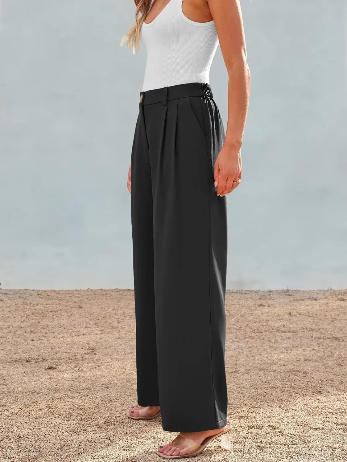 JURIS Women's High Waisted Wide Leg Formal Pants Elasticized Waist Back Casual Pants Business Work Suit Pants