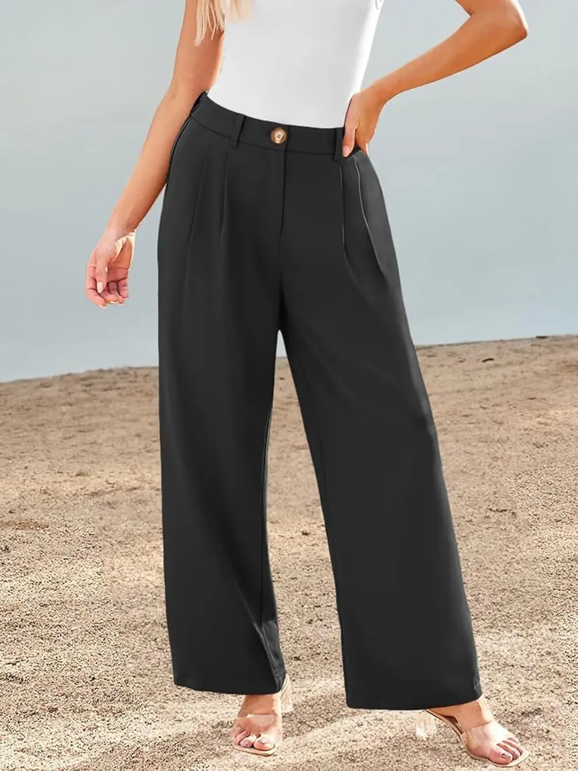 JURIS Women's High Waisted Wide Leg Formal Pants Elasticized Waist Back Casual Pants Business Work Suit Pants