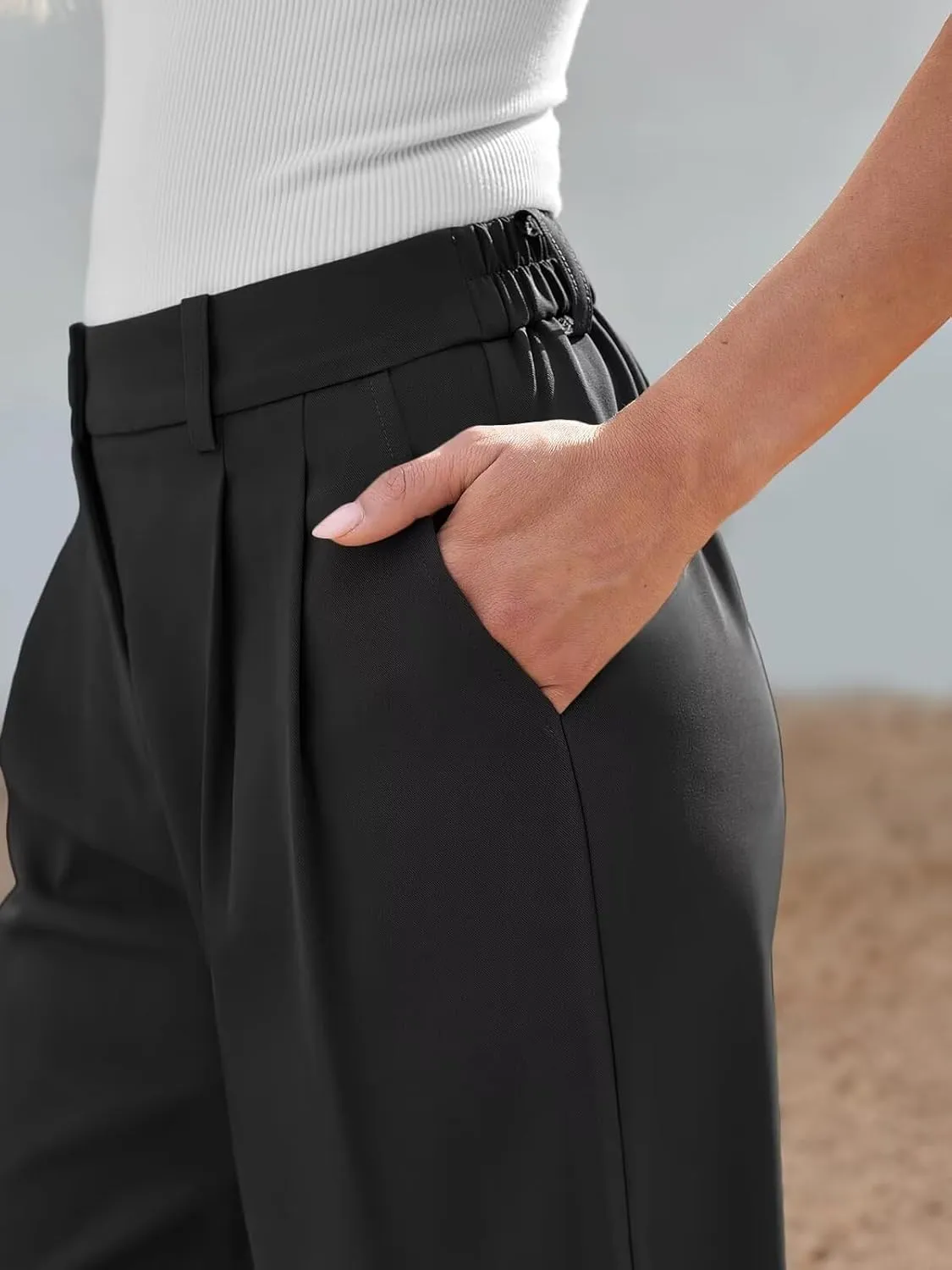 JURIS Women's High Waisted Wide Leg Formal Pants Elasticized Waist Back Casual Pants Business Work Suit Pants