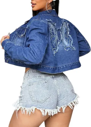 ksotutm Women's Cropped Denim Jacket Long Sleeve Lapel Neck Butterfly Embroidery Jean Jacket Vintage Denim Coat