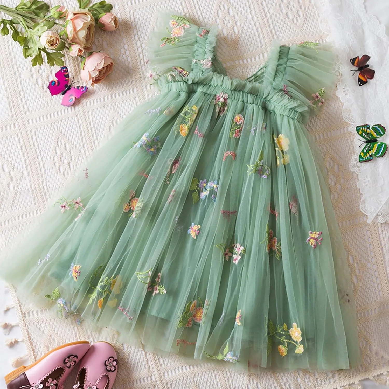 Lace Tulle Bow Print Birthday Dress for Toddler Girls Ruffle Sleeve Square Neck Dance Party Pleated Tutu Skirts