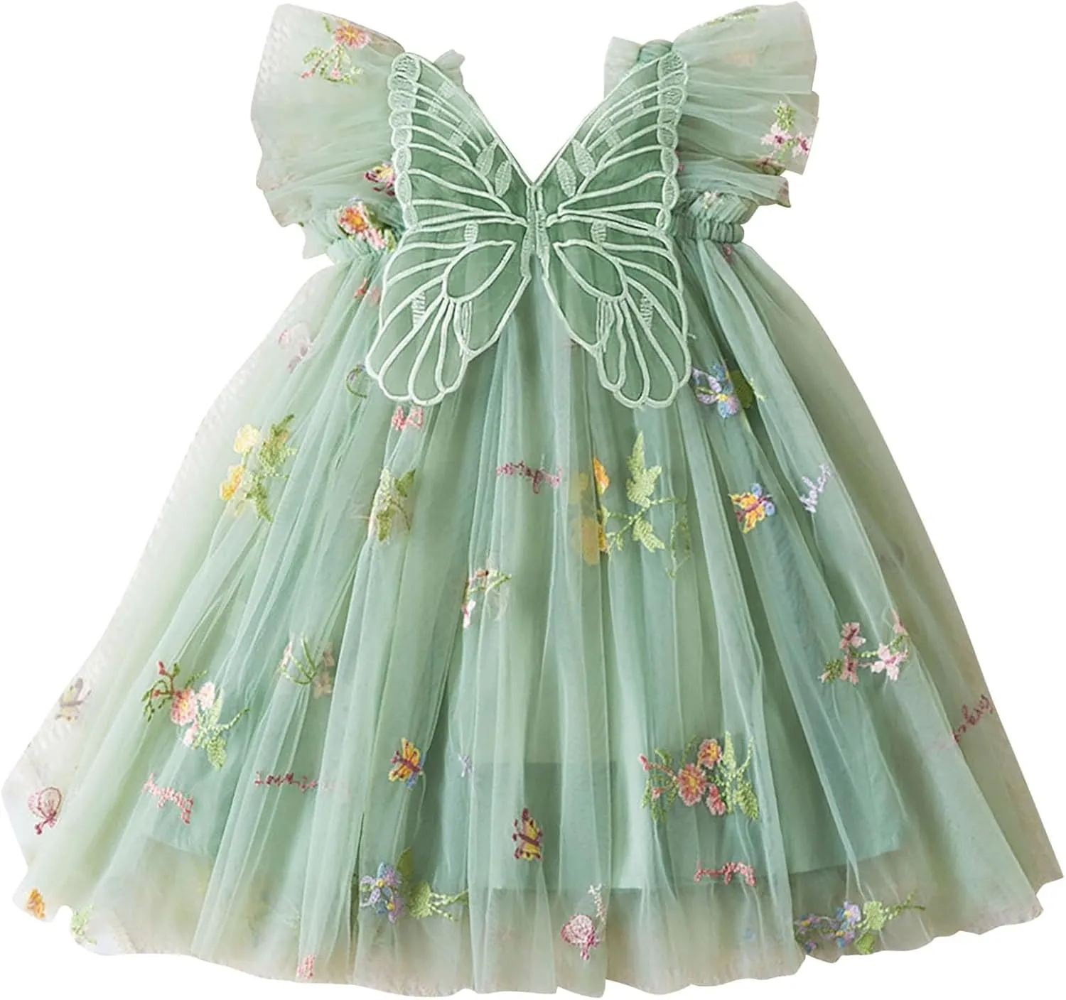 Lace Tulle Bow Print Birthday Dress for Toddler Girls Ruffle Sleeve Square Neck Dance Party Pleated Tutu Skirts